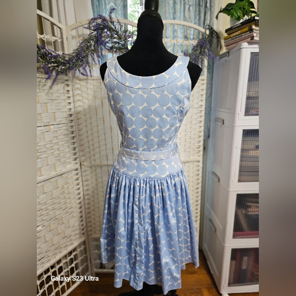 Vintage Y2K Calvin Klein Blue White Polka Dot Sleeveless Midi Dress Full Skirt - Picture 5 of 9